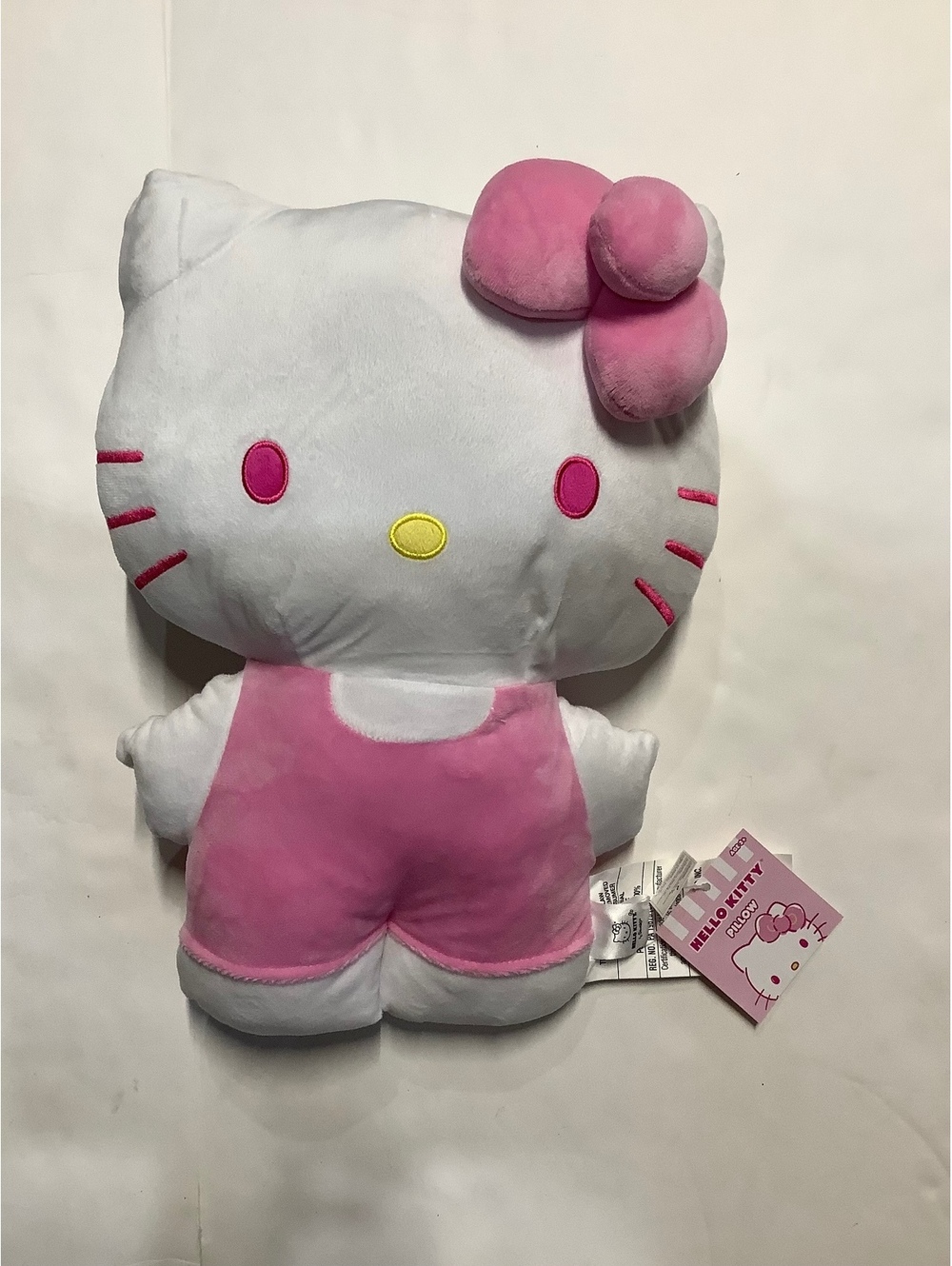 Hello Kitty Plush Pillow in Pink Overalls, Soft Polyester, 14 Inches Tall